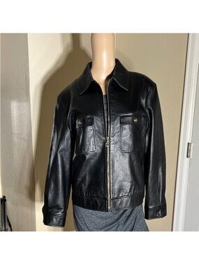 St. John Sport Black Leather Jacket L Gold Hardware Zip Front Luxury Designer